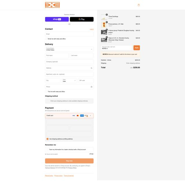 20x200 checkout page showing 20x200 promo code box | Screenshot taken by SimplyCodes community member on Aug 16, 2025