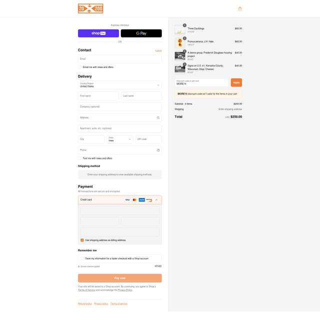 20x200 checkout page showing 20x200 promo code box | Screenshot taken by SimplyCodes community member on Aug 16, 2025