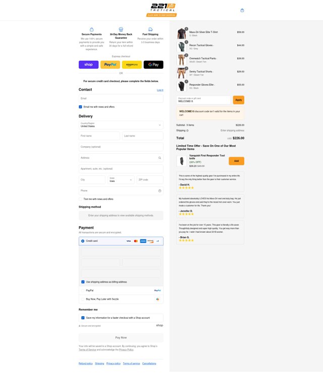 221B Tactical checkout page showing 221B Tactical promo code box | Screenshot taken by SimplyCodes community member on Sep 1, 2025