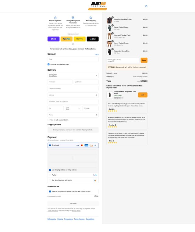 221B Tactical checkout page showing 221B Tactical promo code box | Screenshot taken by SimplyCodes community member on Sep 1, 2025