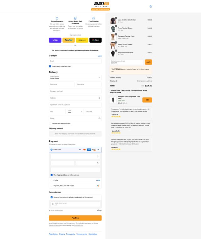221B Tactical checkout page showing 221B Tactical promo code box | Screenshot taken by SimplyCodes community member on Sep 1, 2025