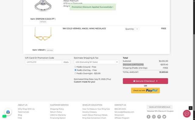 25Karats checkout page showing 25Karats promo code box | Screenshot taken by SimplyCodes community member on Jul 24, 2025