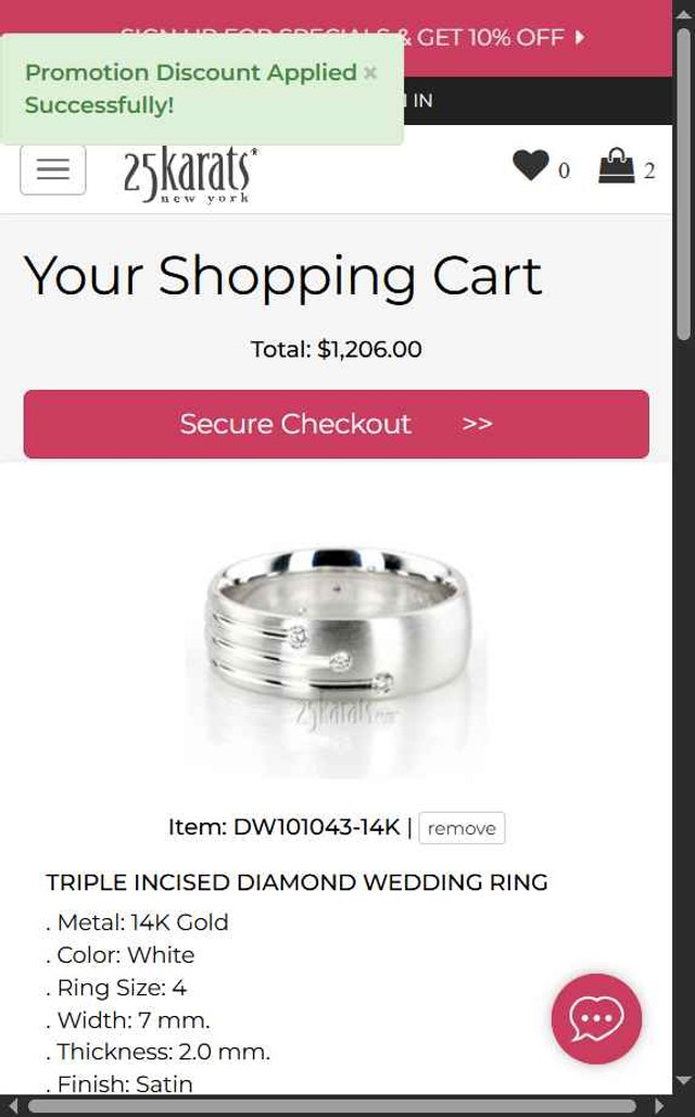 25Karats checkout page showing 25Karats promo code box | Screenshot taken by SimplyCodes community member on Jul 30, 2025