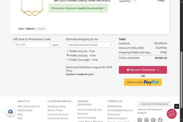 25Karats checkout page showing 25Karats promo code box | Screenshot taken by SimplyCodes community member on Aug 19, 2025