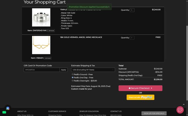 25Karats checkout page showing 25Karats promo code box | Screenshot taken by SimplyCodes community member on Aug 19, 2025