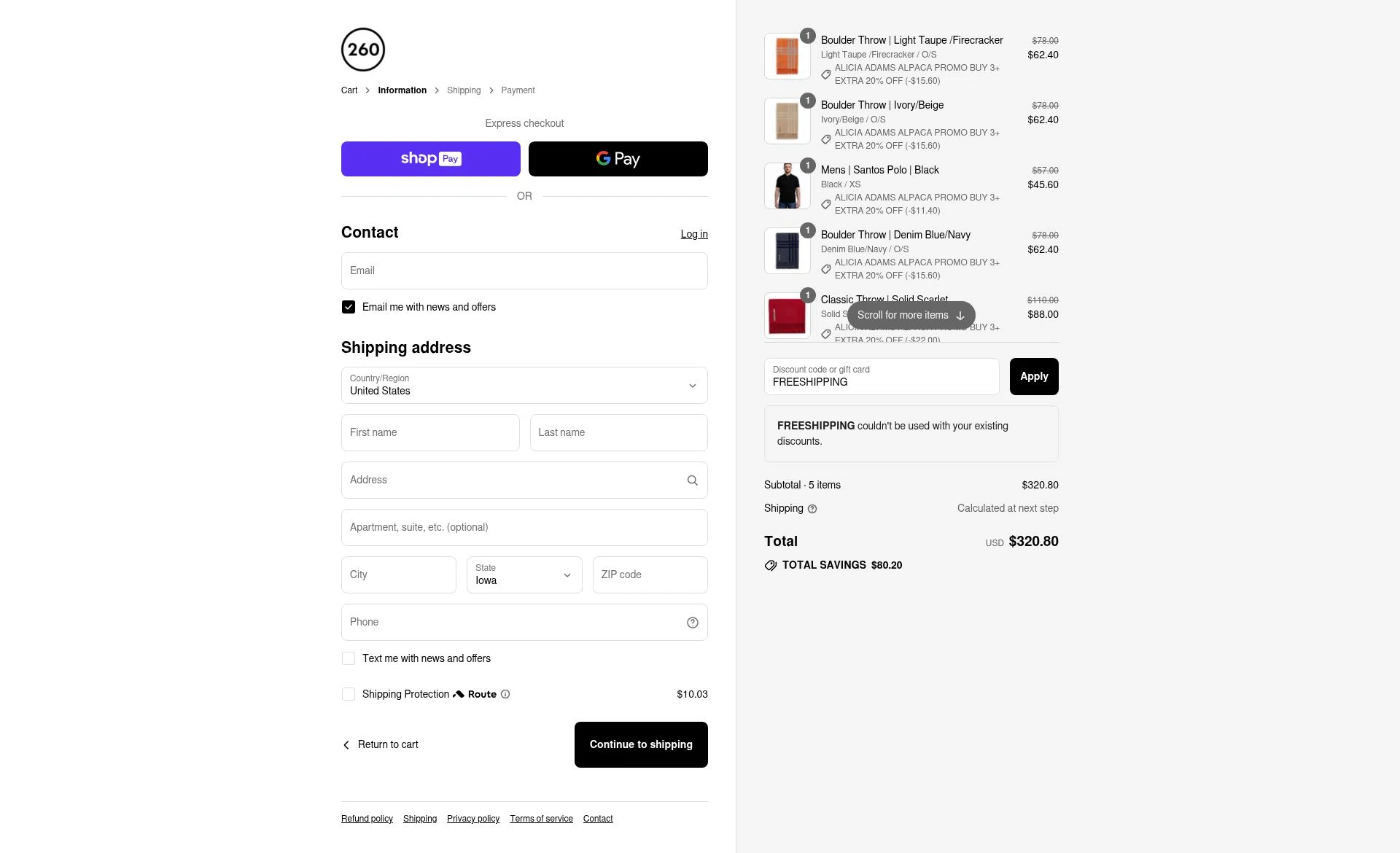 260 Sample Sale checkout page showing 260 Sample Sale discount code box | Screenshot taken by SimplyCodes community member on Aug 12, 2025
