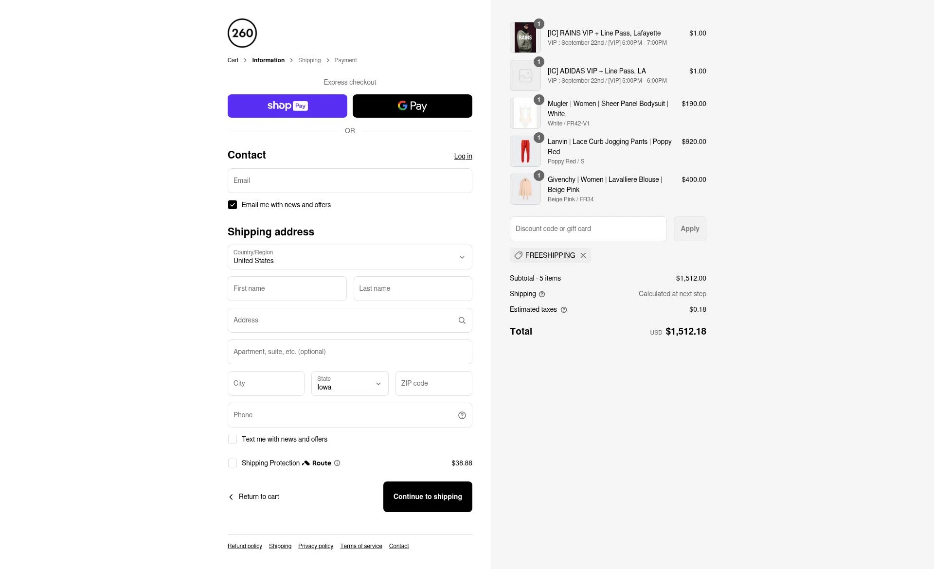 260 Sample Sale checkout page showing 260 Sample Sale discount code box | Screenshot taken by SimplyCodes community member on Aug 16, 2025