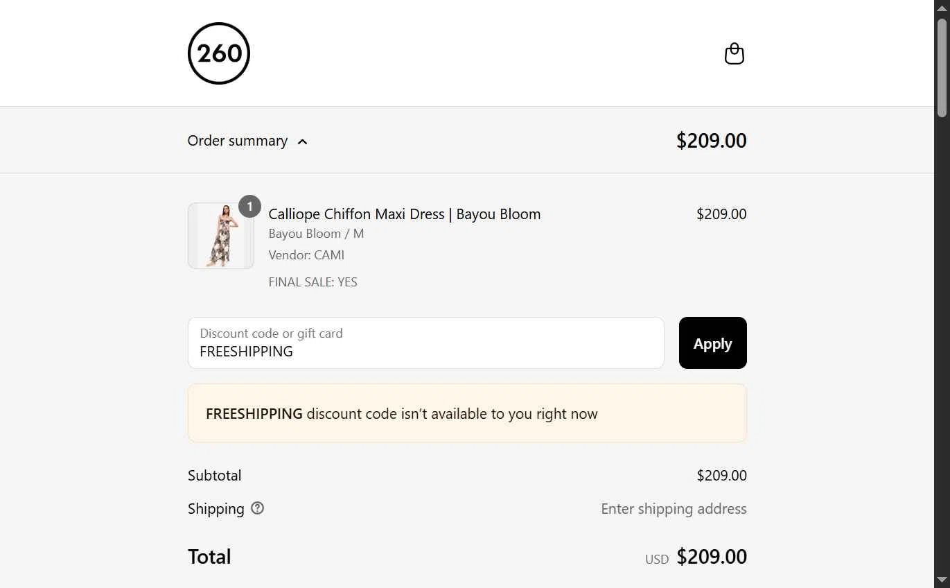 260 Sample Sale checkout page showing 260 Sample Sale discount code box | Screenshot taken by SimplyCodes community member on Jul 26, 2025