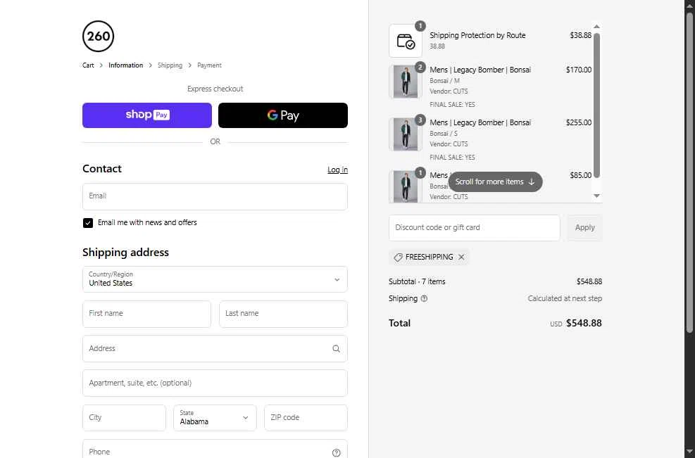 260 Sample Sale checkout page showing 260 Sample Sale discount code box | Screenshot taken by SimplyCodes community member on Jul 18, 2025