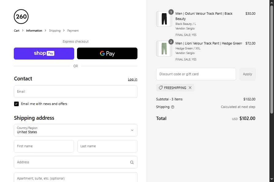 260 Sample Sale checkout page showing 260 Sample Sale discount code box | Screenshot taken by SimplyCodes community member on Aug 11, 2025
