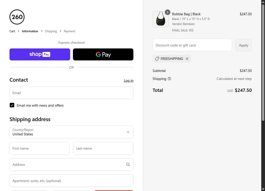 260 Sample Sale checkout page showing 260 Sample Sale discount code box | Screenshot taken by SimplyCodes community member on Aug 15, 2025