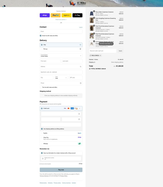 27 Miles Malibu checkout page showing 27 Miles Malibu coupon code box | Screenshot taken by SimplyCodes community member on Aug 29, 2025