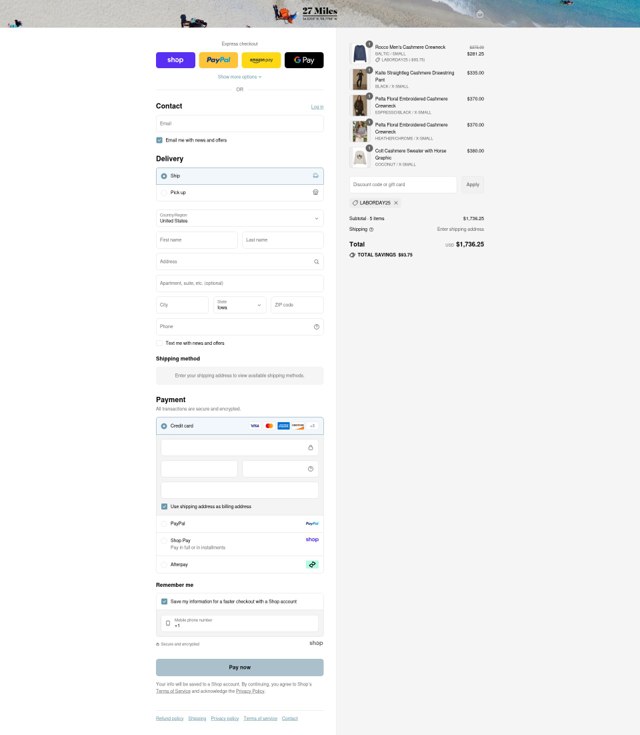 27 Miles Malibu checkout page showing 27 Miles Malibu coupon code box | Screenshot taken by SimplyCodes community member on Aug 29, 2025