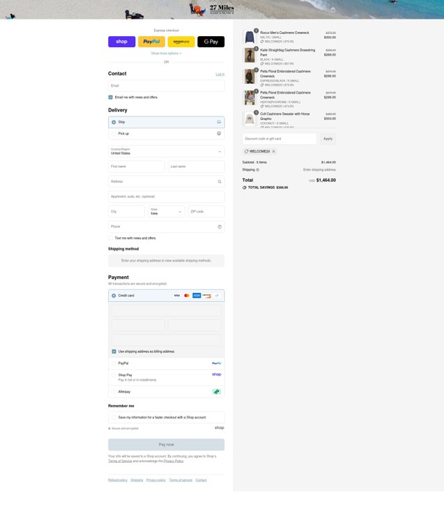 27 Miles Malibu checkout page showing 27 Miles Malibu coupon code box | Screenshot taken by SimplyCodes community member on Sep 3, 2025