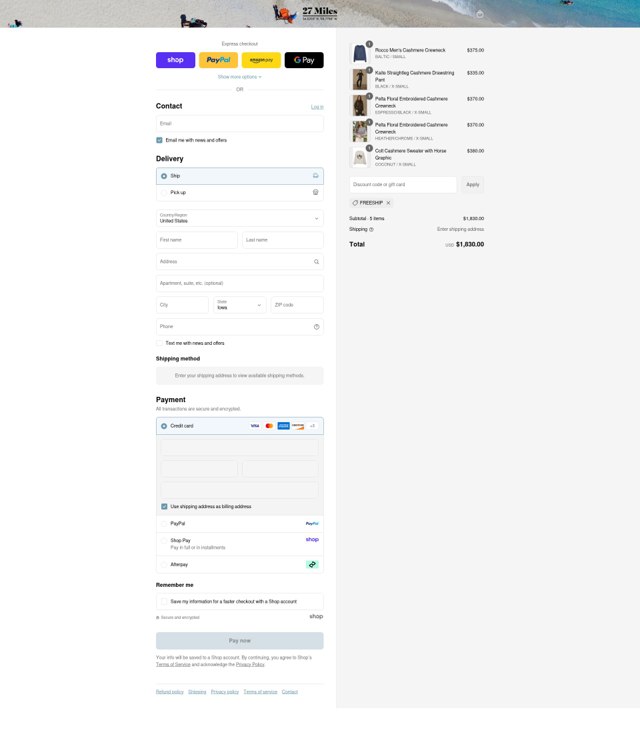 27 Miles Malibu checkout page showing 27 Miles Malibu coupon code box | Screenshot taken by SimplyCodes community member on Aug 29, 2025
