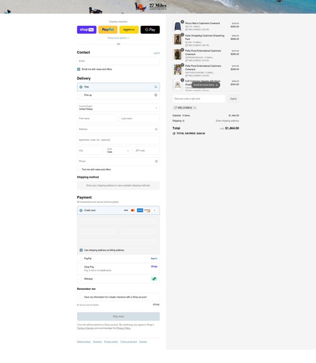 27 Miles Malibu checkout page showing 27 Miles Malibu coupon code box | Screenshot taken by SimplyCodes community member on Aug 25, 2025