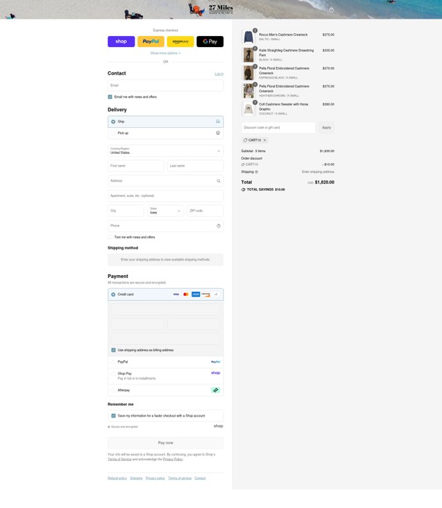 27 Miles Malibu checkout page showing 27 Miles Malibu coupon code box | Screenshot taken by SimplyCodes community member on Aug 29, 2025