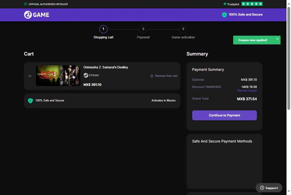 2game checkout page showing 2game discount code box | Screenshot taken by SimplyCodes community member on Jul 18, 2025