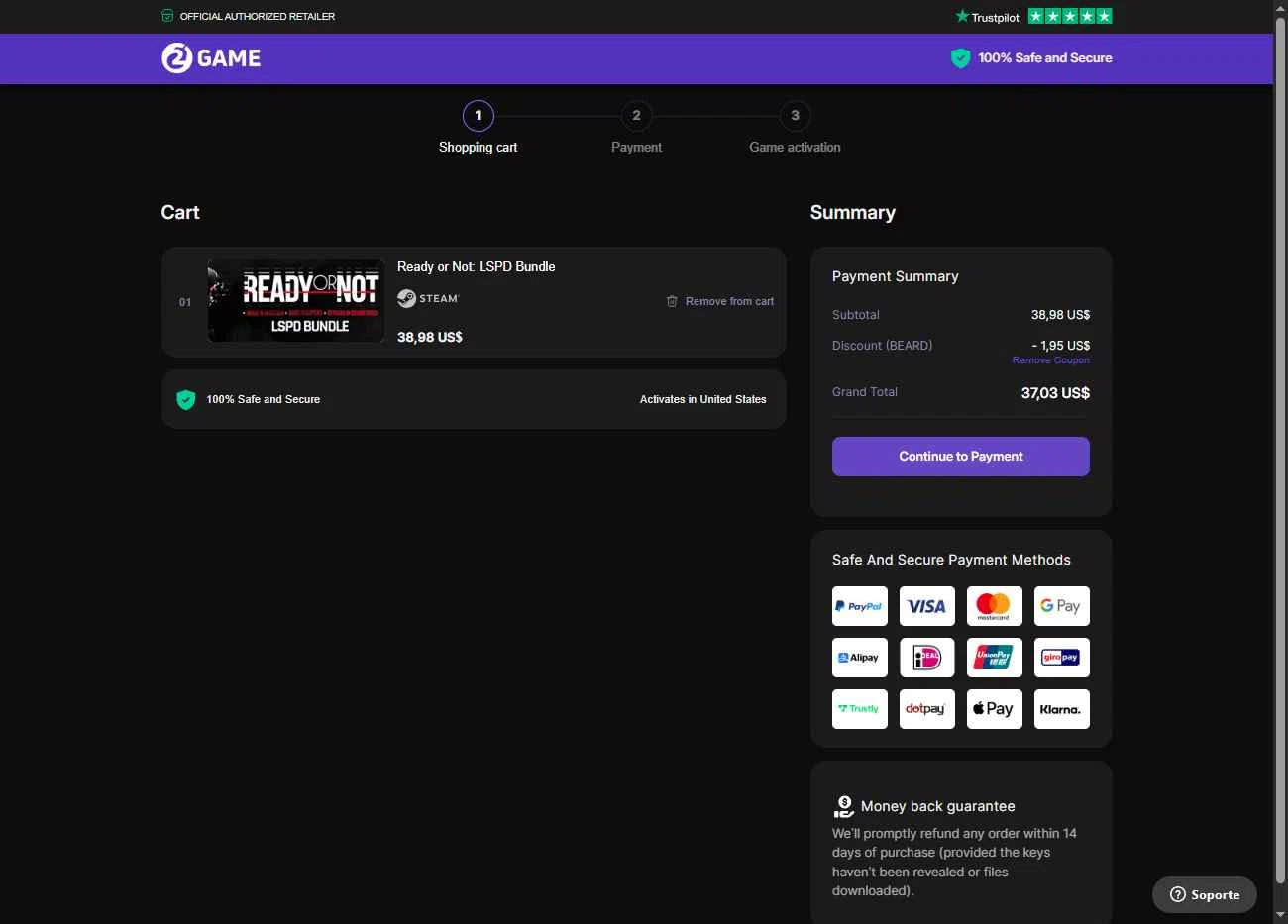 2game checkout page showing 2game discount code box | Screenshot taken by SimplyCodes community member on Aug 5, 2025