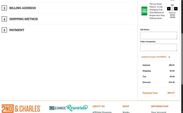 2nd & Charles checkout page showing 2nd & Charles promo code box | Screenshot taken by SimplyCodes community member on Jun 16, 2025