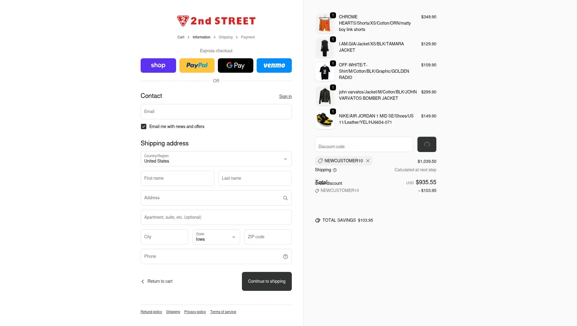 2nd STREET USA checkout page showing 2nd STREET USA promo code box | Screenshot taken by SimplyCodes community member on Feb 14, 2026