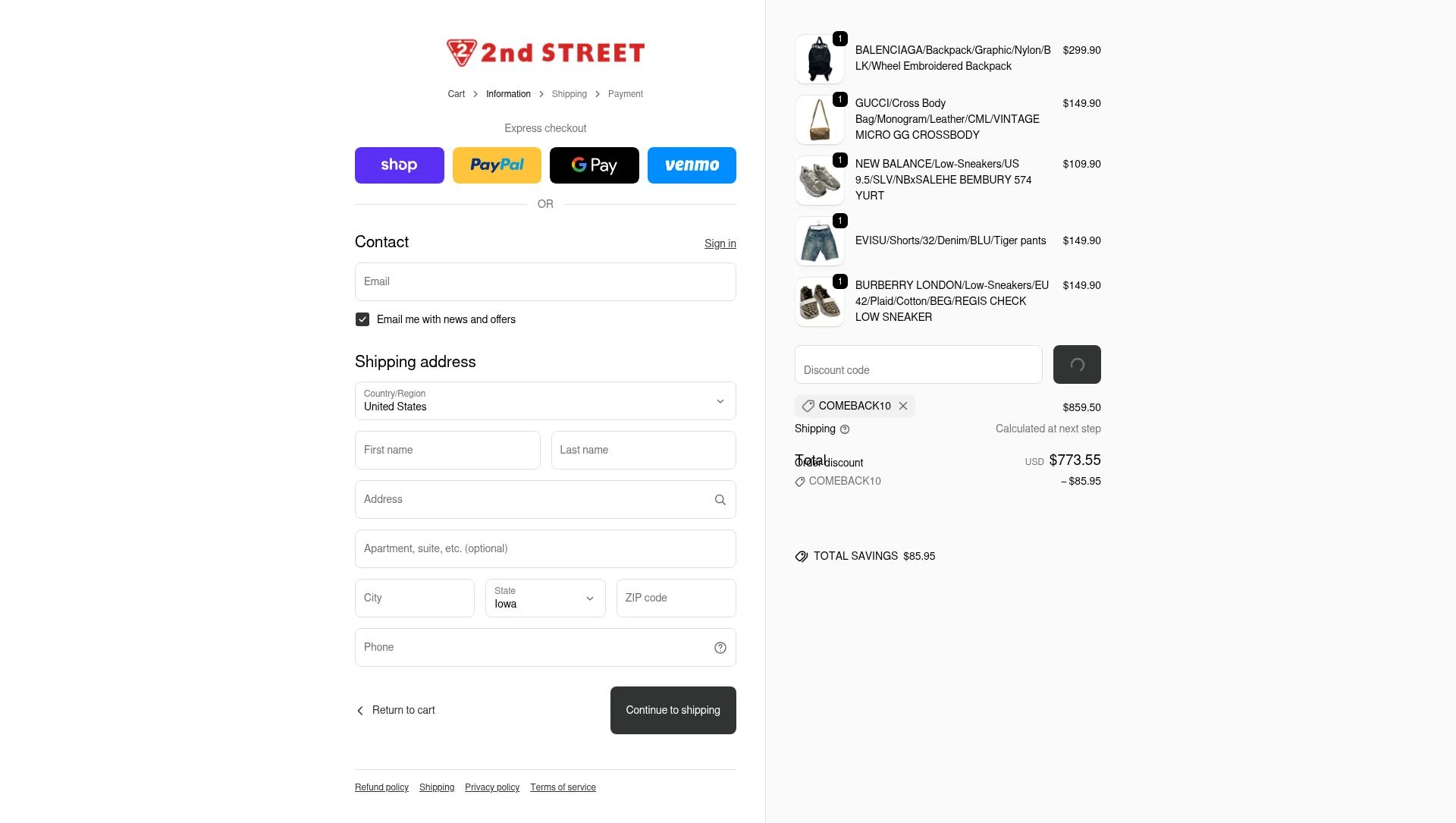 2nd STREET USA checkout page showing 2nd STREET USA promo code box | Screenshot taken by SimplyCodes community member on Feb 1, 2026