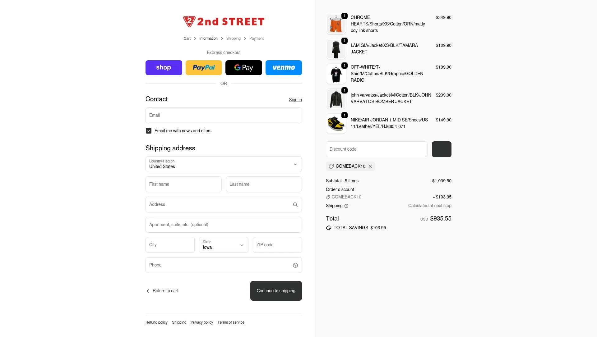 2nd STREET USA checkout page showing 2nd STREET USA promo code box | Screenshot taken by SimplyCodes community member on Feb 14, 2026