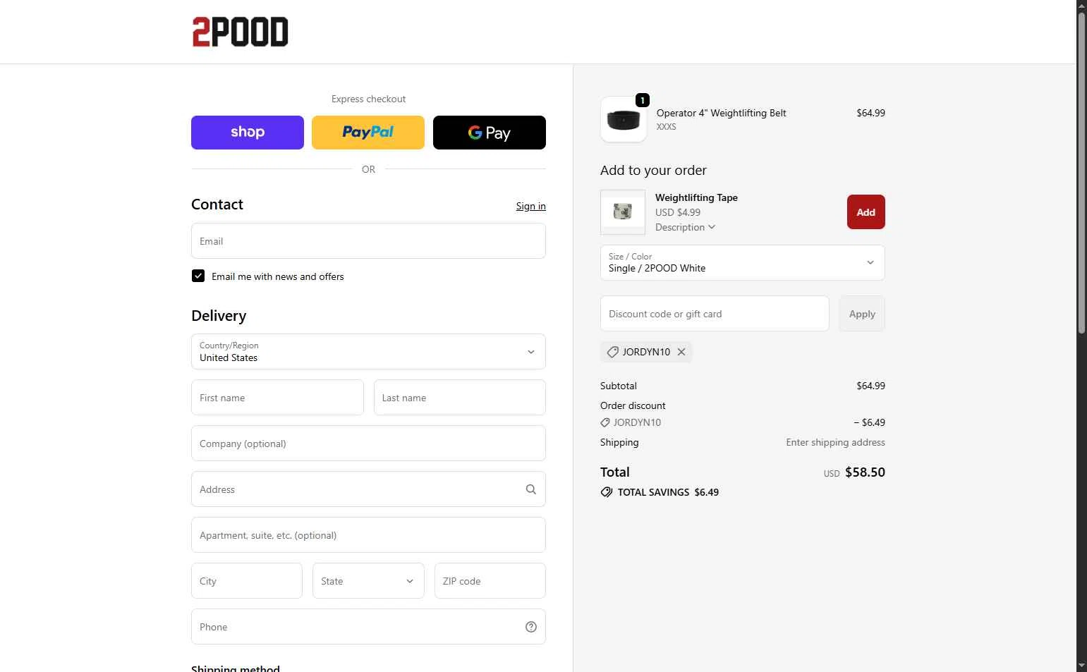 2POOD Performance checkout page showing 2POOD Performance promo code box | Screenshot taken by SimplyCodes community member on Feb 13, 2026