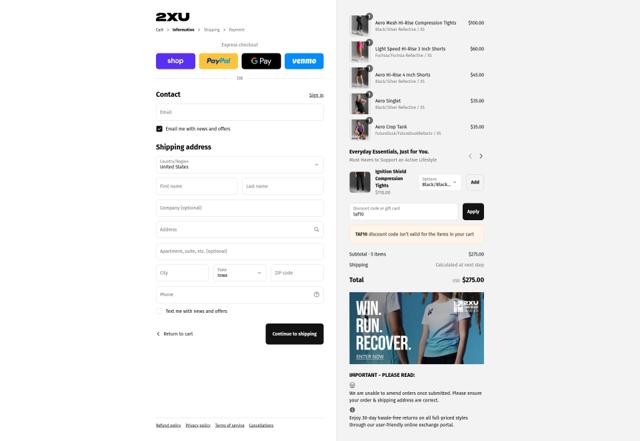 2XU checkout page showing 2XU discount code box | Screenshot taken by SimplyCodes community member on Sep 12, 2025