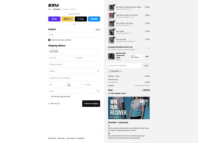 2XU checkout page showing 2XU discount code box | Screenshot taken by SimplyCodes community member on Sep 14, 2025