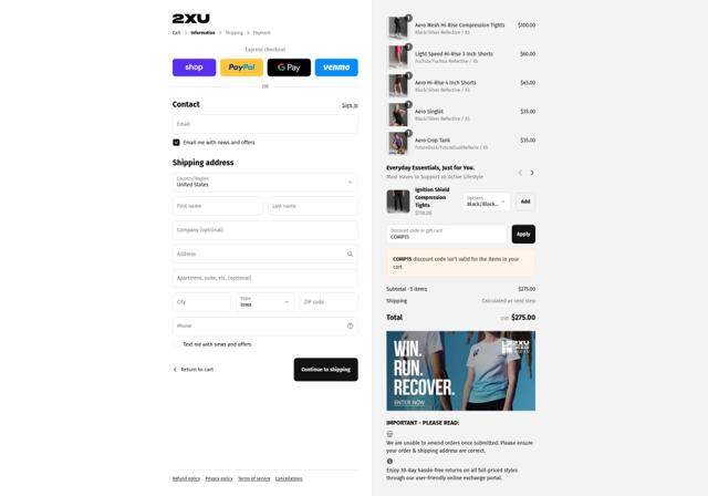 2XU checkout page showing 2XU discount code box | Screenshot taken by SimplyCodes community member on Sep 12, 2025