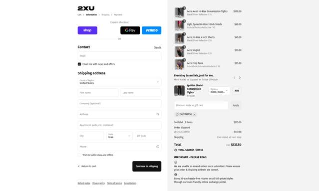 2XU checkout page showing 2XU discount code box | Screenshot taken by SimplyCodes community member on Sep 11, 2025