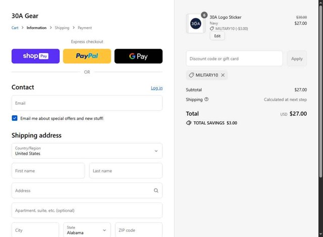 30A Gear checkout page showing 30A Gear promo code box | Screenshot taken by SimplyCodes community member on Aug 15, 2025