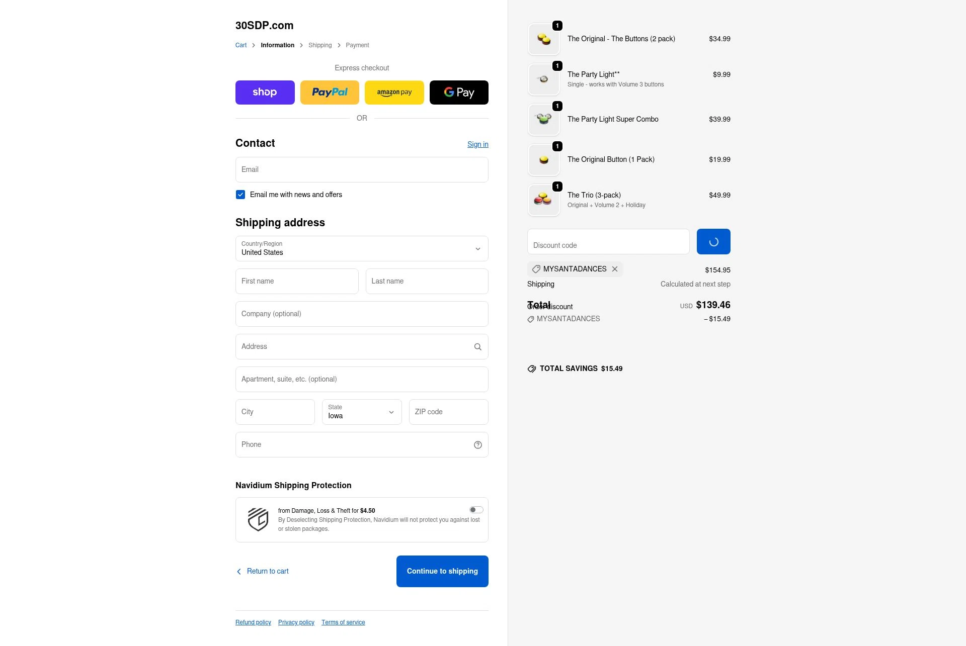 30 Second Dance Party checkout page showing 30 Second Dance Party promo code box | Screenshot taken by SimplyCodes community member on Jan 11, 2026