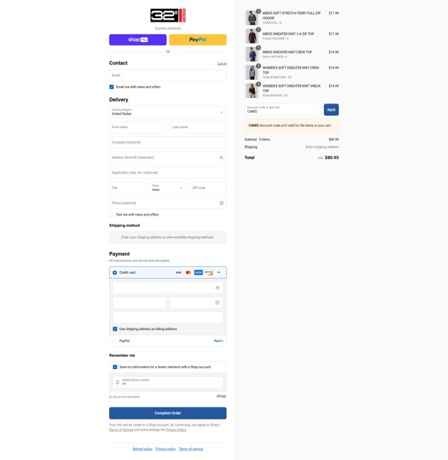 32 Degrees checkout page showing 32 Degrees discount code box | Screenshot taken by SimplyCodes community member on Aug 28, 2025