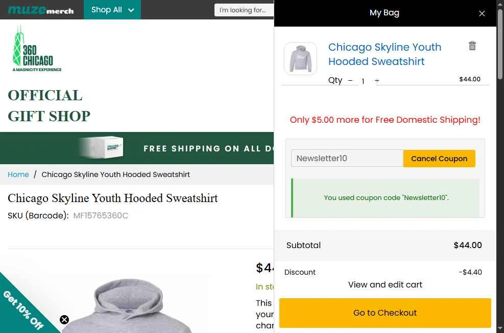 360 CHICAGO checkout page showing 360 CHICAGO promo code box | Screenshot taken by SimplyCodes community member on Aug 4, 2025