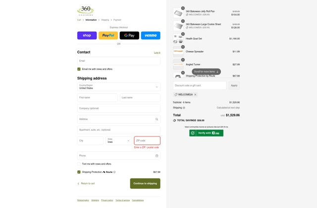 360 Cookware checkout page showing 360 Cookware discount code box | Screenshot taken by SimplyCodes community member on Sep 6, 2025