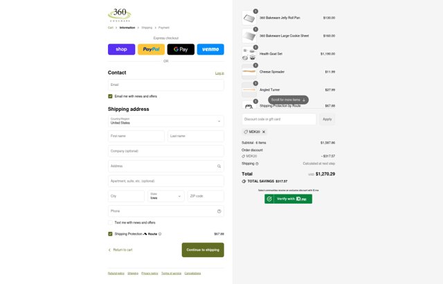 360 Cookware checkout page showing 360 Cookware discount code box | Screenshot taken by SimplyCodes community member on Sep 6, 2025