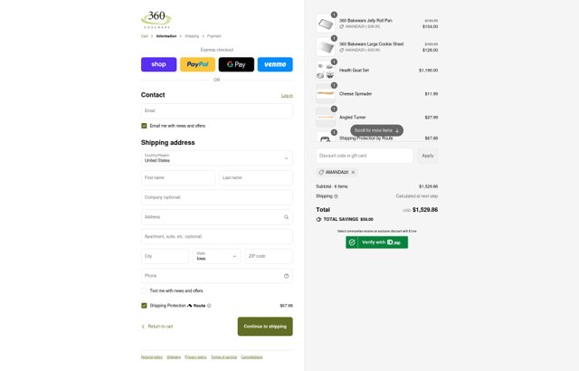 360 Cookware checkout page showing 360 Cookware discount code box | Screenshot taken by SimplyCodes community member on Sep 6, 2025