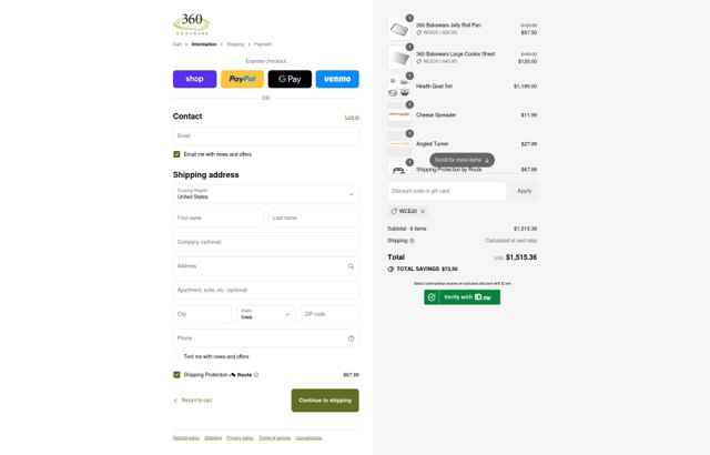 360 Cookware checkout page showing 360 Cookware discount code box | Screenshot taken by SimplyCodes community member on Sep 6, 2025