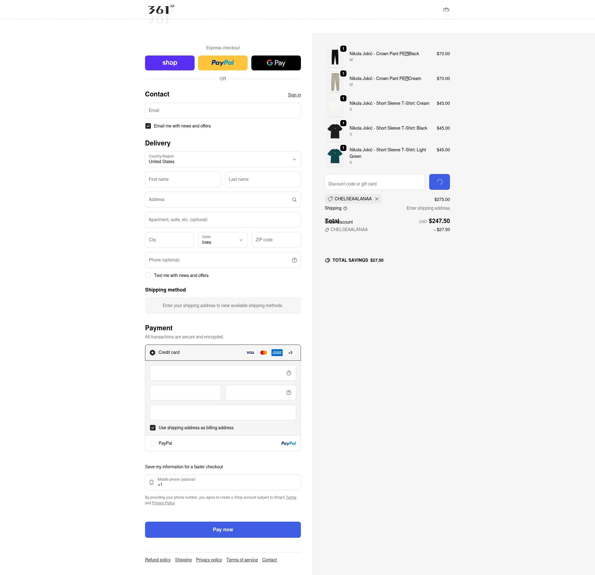 361 USA checkout page showing 361 USA promo code box | Screenshot taken by SimplyCodes community member on Feb 17, 2026