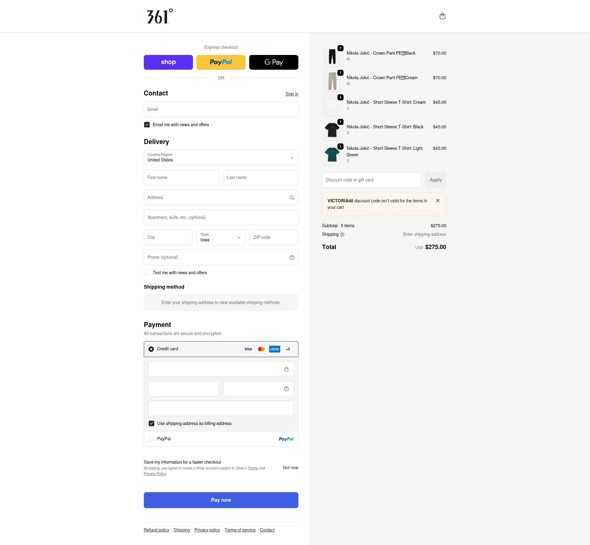 361 USA checkout page showing 361 USA promo code box | Screenshot taken by SimplyCodes community member on Feb 17, 2026
