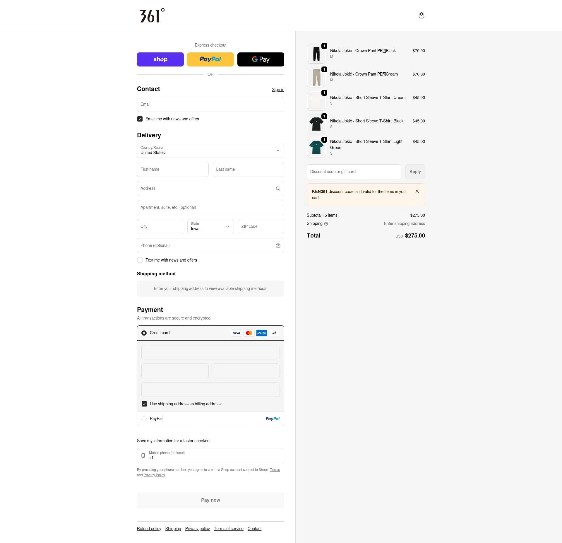 361 USA checkout page showing 361 USA promo code box | Screenshot taken by SimplyCodes community member on Feb 17, 2026