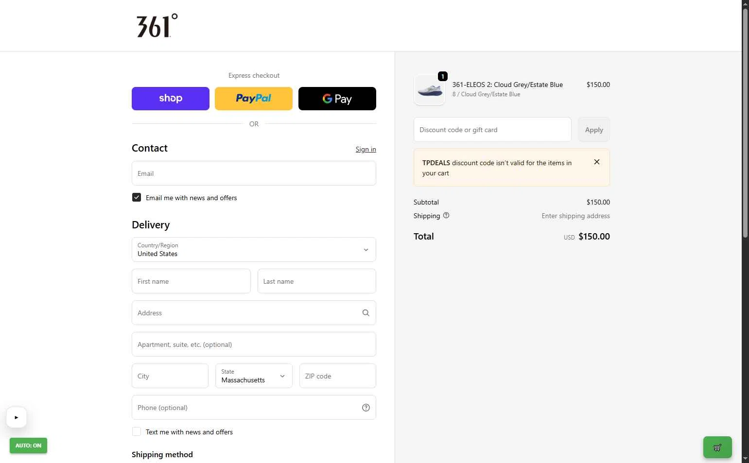 361 USA checkout page showing 361 USA promo code box | Screenshot taken by SimplyCodes community member on Feb 18, 2026