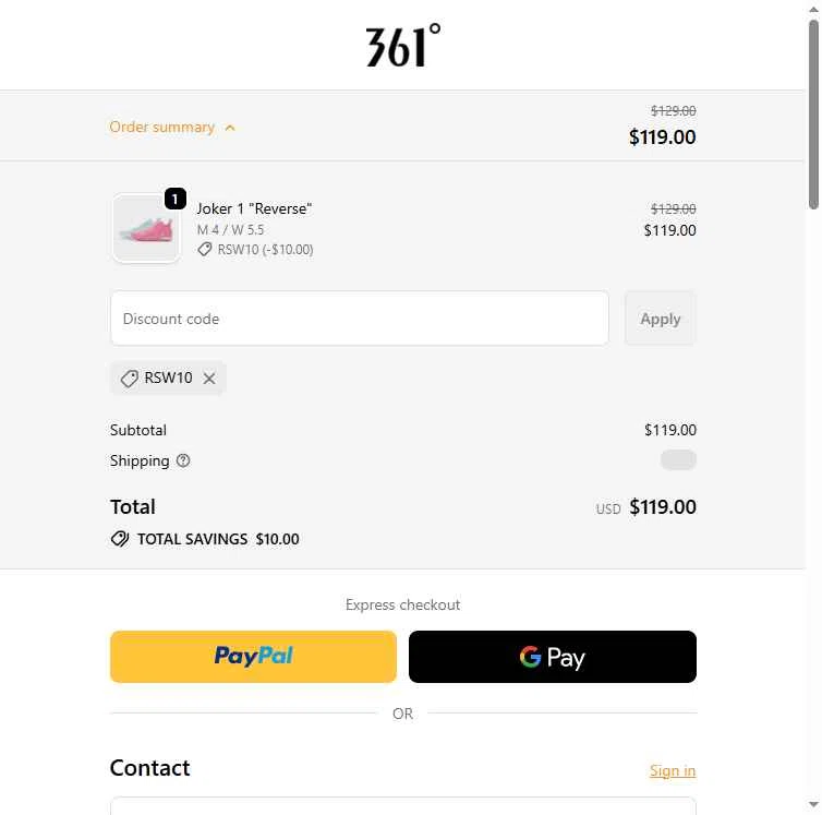 361 Sport checkout page showing 361 Sport discount code box | Screenshot taken by SimplyCodes community member on Feb 14, 2026