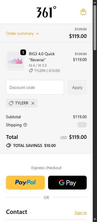 361 Sport checkout page showing 361 Sport discount code box | Screenshot taken by SimplyCodes community member on Jan 29, 2026