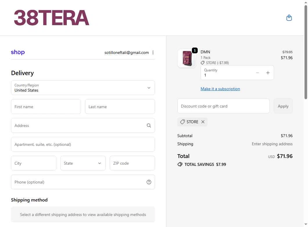 38TERA checkout page showing 38TERA discount code box | Screenshot taken by SimplyCodes community member on Jan 28, 2026