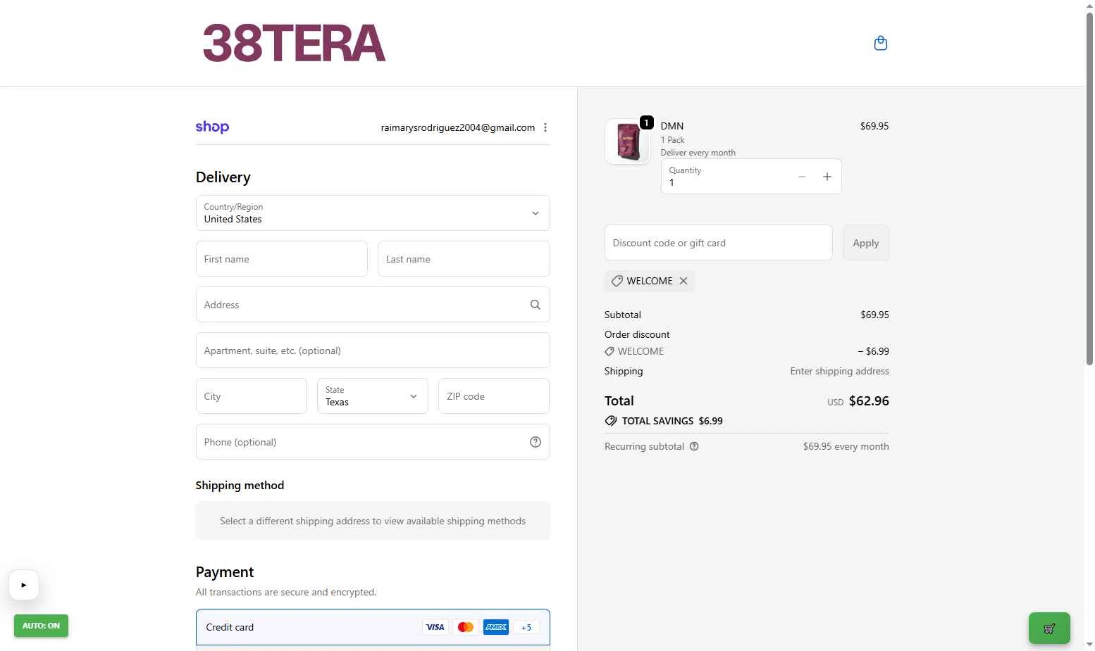 38TERA checkout page showing 38TERA discount code box | Screenshot taken by SimplyCodes community member on Feb 3, 2026