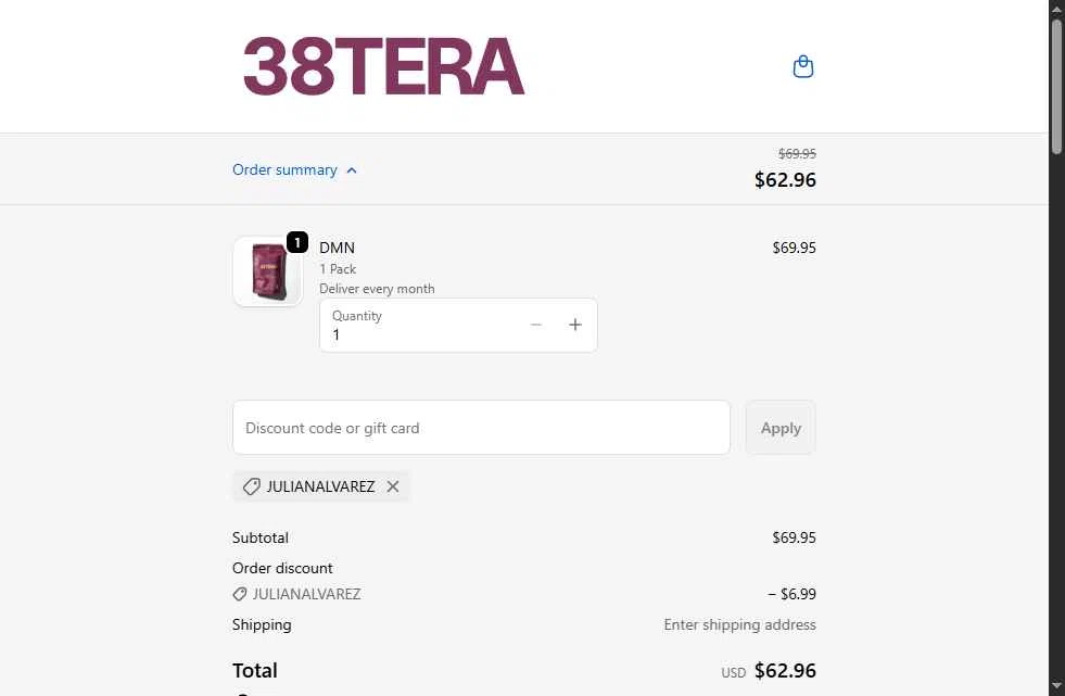38TERA checkout page showing 38TERA discount code box | Screenshot taken by SimplyCodes community member on Feb 10, 2026
