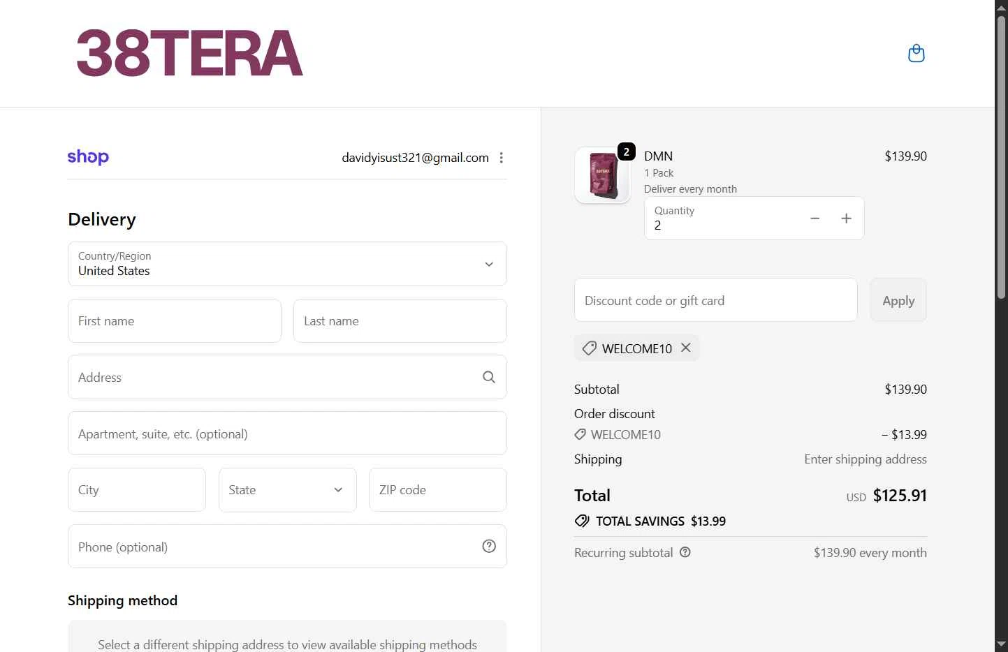 38TERA checkout page showing 38TERA discount code box | Screenshot taken by SimplyCodes community member on Feb 2, 2026